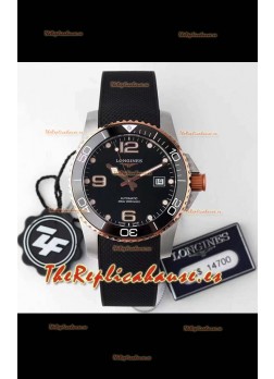 Longines HydroConquest Reloj Réplica Suizo a Espejo 1:1 Dial Negro Correa de Goma Bisel en Oro Rosado