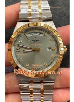 Tudor Reloj Edición Royal - Réplica Espejo 1:1 en Caja en Dos Tonos - Dial Diamantes Gris
