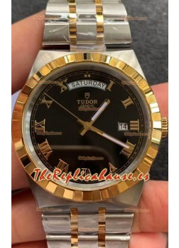 Tudor Reloj Edición Royal - Réplica Espejo 1:1 en Caja en Dos Tonos - Dial Romano Negro