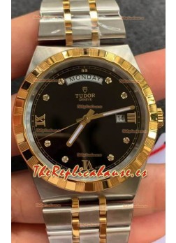 Tudor Reloj Edición Royal - Réplica Espejo 1:1 en Caja en Dos Tonos - Dial Diamantes Negro