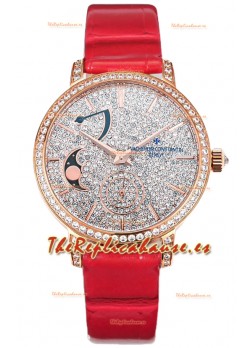 Vacheron Constantin Traditionelle Moon Phase Dial Pavimentado en Diamantes chapado en Oro Rosado Réplica Suiza