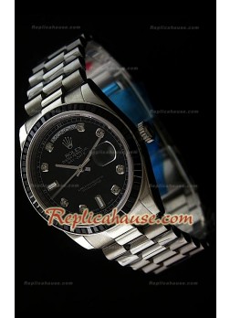 Rolex DayDate Reproducción Reloj Suizo con Esfera de color Negro - Marcadores de Hora en Diamantes