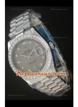 Rolex DayDateReproducción Reloj Suizo con Esfera Gris- Marcadores de Hora en Diamantes