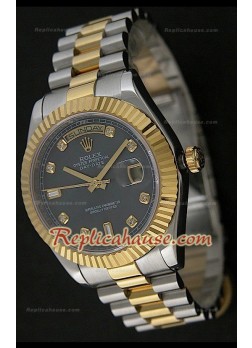 Rolex Daydate Reproducción Reloj Japonés Dos Tonos con Esfera de color Negro 
