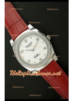 Rolex Celleni Reproducción Japonesa de Cuarzo con Esfera Blanca, Bisel de Diamantes y Correa de Piel