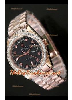Rolex Daydate Reproducción Reloj Suizo - Reloj mediano de 37MM - Esfera de color Negro Everose