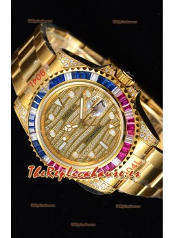 Rolex GMT Masters II Iced out Reloj Suizo Caja 904L en Oro Amarillo