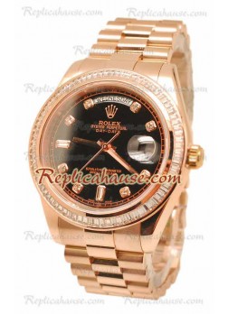 Rolex Day Date II Dial Negro Rose Gold Reloj Suizo Bisel de diamantes in 43MM