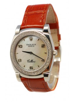 Rolex Celleni Cestello Reloj Suizo Señoras con Esfera Perla, Correa de Piel y Diamantes en Bisel