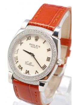 Rolex Celleni Cestello Reloj Suizo Señoras con Esfera Blanca Romana, Correa de Piel, Diamantes en Bisel y Terminales