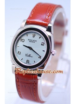 Rolex Celleni Cestello Reloj Suizo Señoras Esfera Plata y Correa Marrón