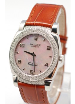 Rolex Celleni Cestello Reloj Suizo Señoras Penk con Esfera Perla, Correa de Piel, Diamantes en Bisel y Terminales
