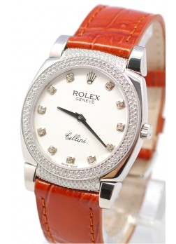 Rolex Celleni Cestello Reloj Suizo Señoras con Esfera Blanca, Correa de Piel, Diamantes en Horas, Bisel y Terminales