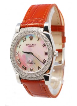 Rolex Celleni Cestello Reloj Suizo Señoras Esfera Blanca Perla Romana, Correa de Piel, Diamantes en Bisel y Terminales