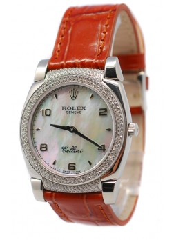 Rolex Celleni Cestello Reloj Suizo Señoras con Esfera Perla beige, Correa de Piel,  Diamantes en Bisel y Terminales