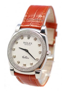 Rolex Celleni Cestello Reloj Suizo Señoras con Esfera Blanca, Correa de Piel, Diamantes en Bisel y Marcas de Hora