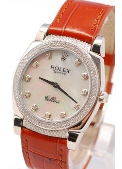 Rolex Celleni Cestello Reloj Suizo Señoras con Esfera Perla Blanca, Correa de Piel, Diamantes en Horas, Bisel y Terminales
