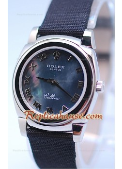 Rolex Celleni Cestello Reloj Suizo Señoras Esfera Perla Romana Negra y Correa de Nilón 