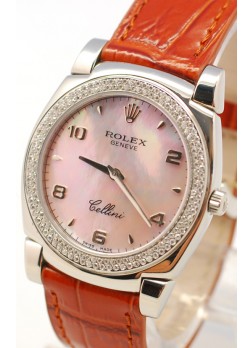 Rolex Celleni Cestello Reloj Suizo Señoras Penk con Esfera Perla, Correa de Piel y Diamantes en Bisel