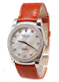 Rolex Celleni Cestello Reloj Suizo Señoras con Esfera Perla Blanca, Correa de Piel y Diamantes en Bisel y Horas