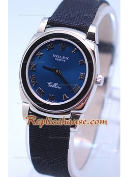 Rolex Celleni Cestello Reloj Suizo Señoras Esfera Romana Azul Plata y Correa de Nilón