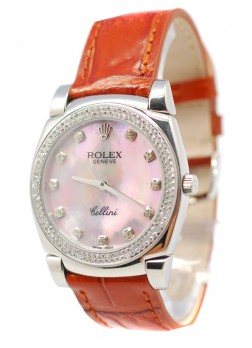 Rolex Celleni Cestello Reloj Suizo Señoras Penk Pearl, Correa de Piel, Diamantes en Bisel y Marcas de Hora