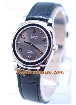 Rolex Celleni Cestello Reloj Suizo Señoras Esfera Gris Platay Correa Negrga