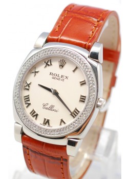 Rolex Celleni Cestello Reloj Suizo Señoras con Esfera Blanca Romana, Correa de Piel y Diamantes en Bisel