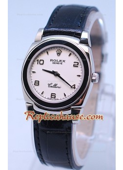 Rolex Celleni Cestello Reloj Suizo Señoras Esfera Blanca y Correa de Piel